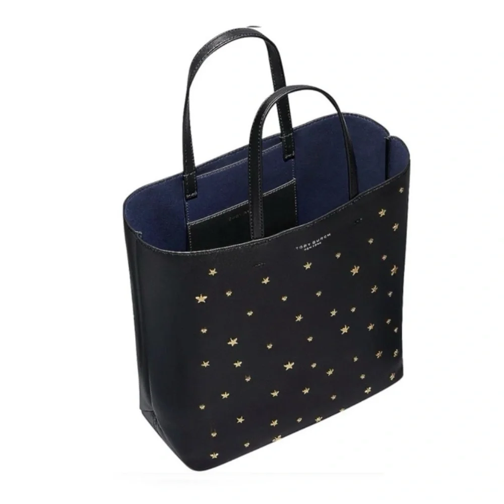 $398 Tory Burch Fleming Black Lambskin Leather Gold Star Studs Satchel Tote Bag - Picture 2 of 14